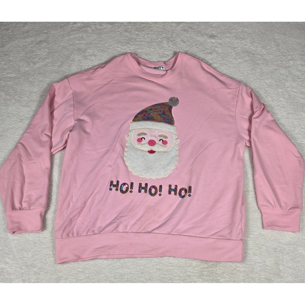 Why Dress Santa Sweatshirt Womens Medium Pink HoHoHo Sequin‎ Holiday Christmas